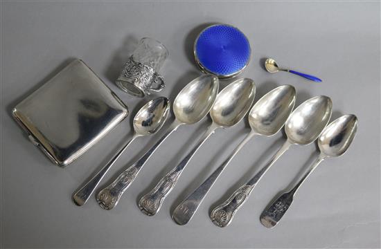 A George V silver and enamel box with mirrored lid, nine other items including silver spoons and a cigarette case.